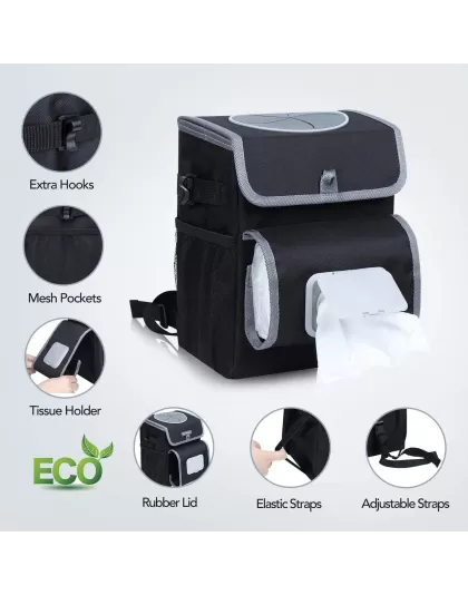 Waterproof Polyester black fabric Garbage Bag Folding Car trash can bin with lid